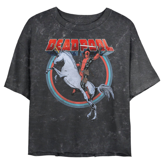 Junior's Marvel Superhero Deadpool On Unicorn Mineral Wash Crop Top - Mineral Wash Crop Top - Hero Merch Store