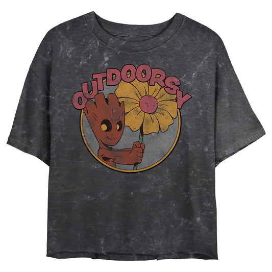 Junior's Marvel Superhero Outdoorsy Groot Mineral Wash Crop Top - Mineral Wash Crop Top - Hero Merch Store